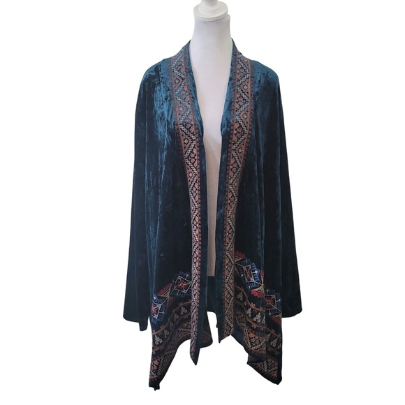 ANDREE BY UNIT Sweaters - Andree by Unit Velvet Kimono Women 2X Teal Excellent Embroidered Open Cardigan